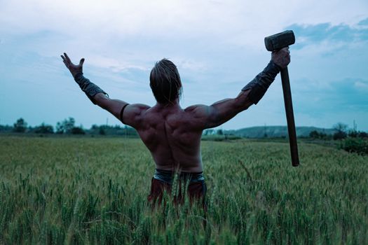 A strong shirtless man raising a hammer in a wheat field in Ukraine.