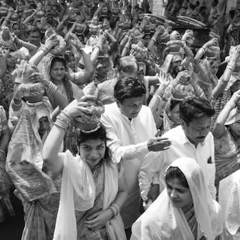 A vibrant black-and-white capture of a traditional Indian festival parade with women carrying pots.