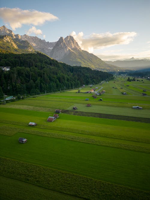 Aerial View of Green Grass Field and Mountains