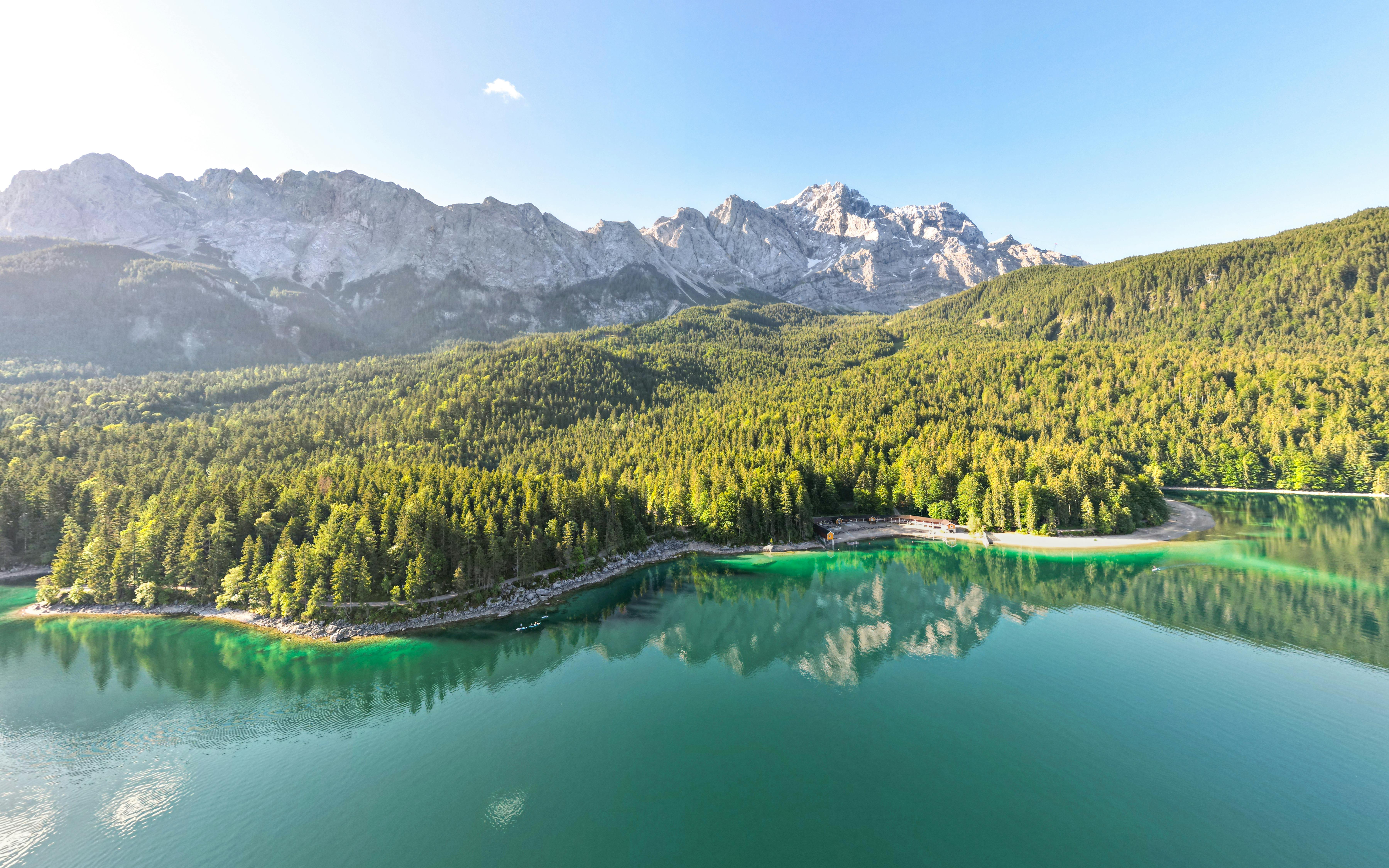 aerial photography of eibsee lake and mountains in germany