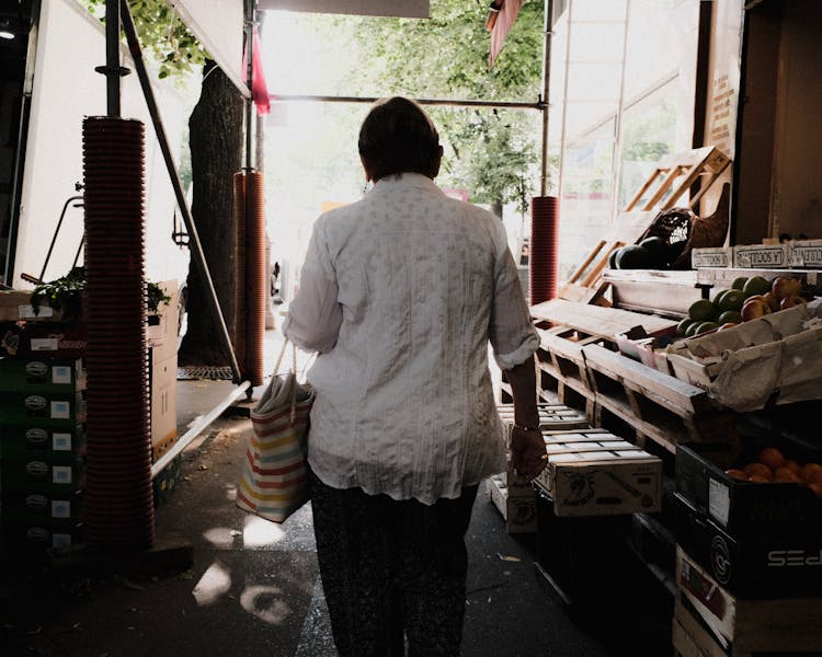 Back Of A Woman Walking By Market Stalls With A Bag