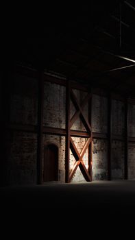 A mysterious and eerie abandoned warehouse with dim lighting and exposed brick walls.