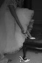 Grayscale Photo of Woman in White Dress