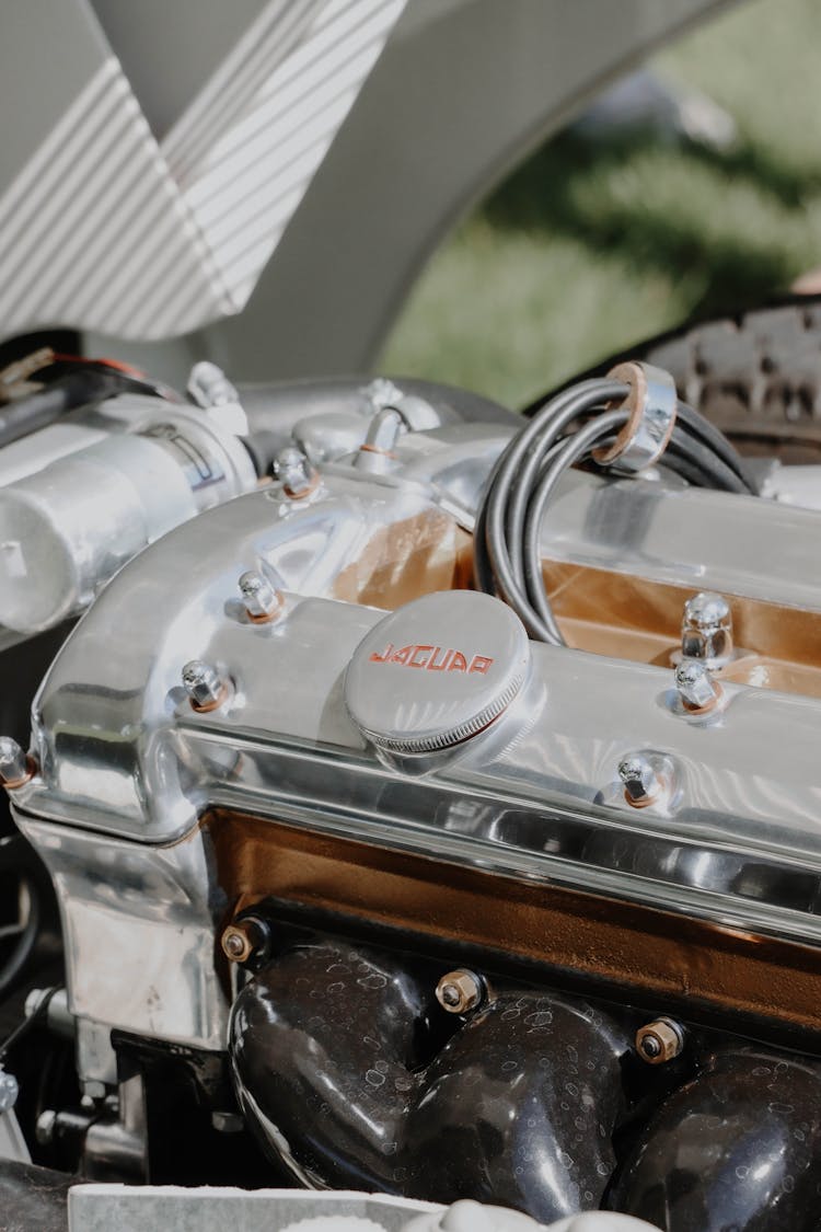 Silver Car Engine In Close Up Shot