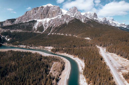 Free Rocky Mountains with Coniferous Trees near a River  Stock Photo