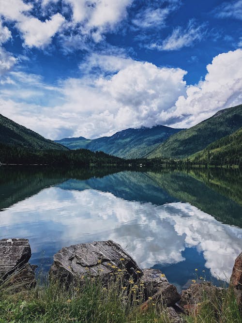 Бесплатное стоковое фото с вертикальный выстрел, голубое небо, зеленые горы