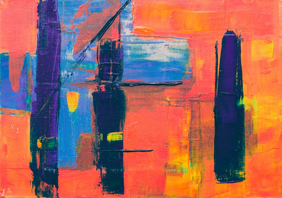 Bold abstract painting in blue, red and yellow