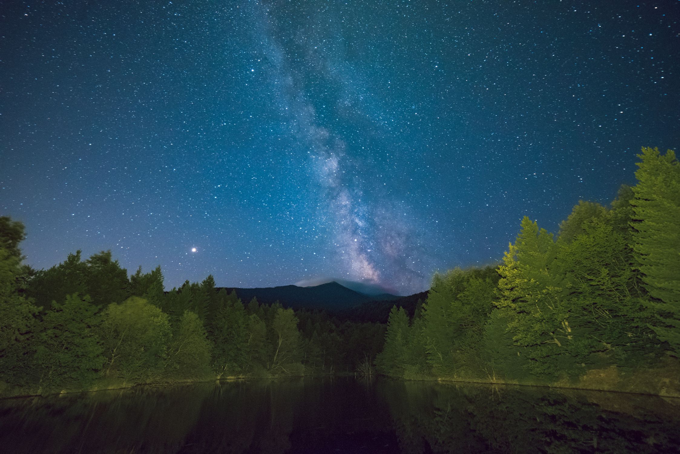 Scenic View Of Trees Beside A Lake Under Night Sky · Free Stock Photo