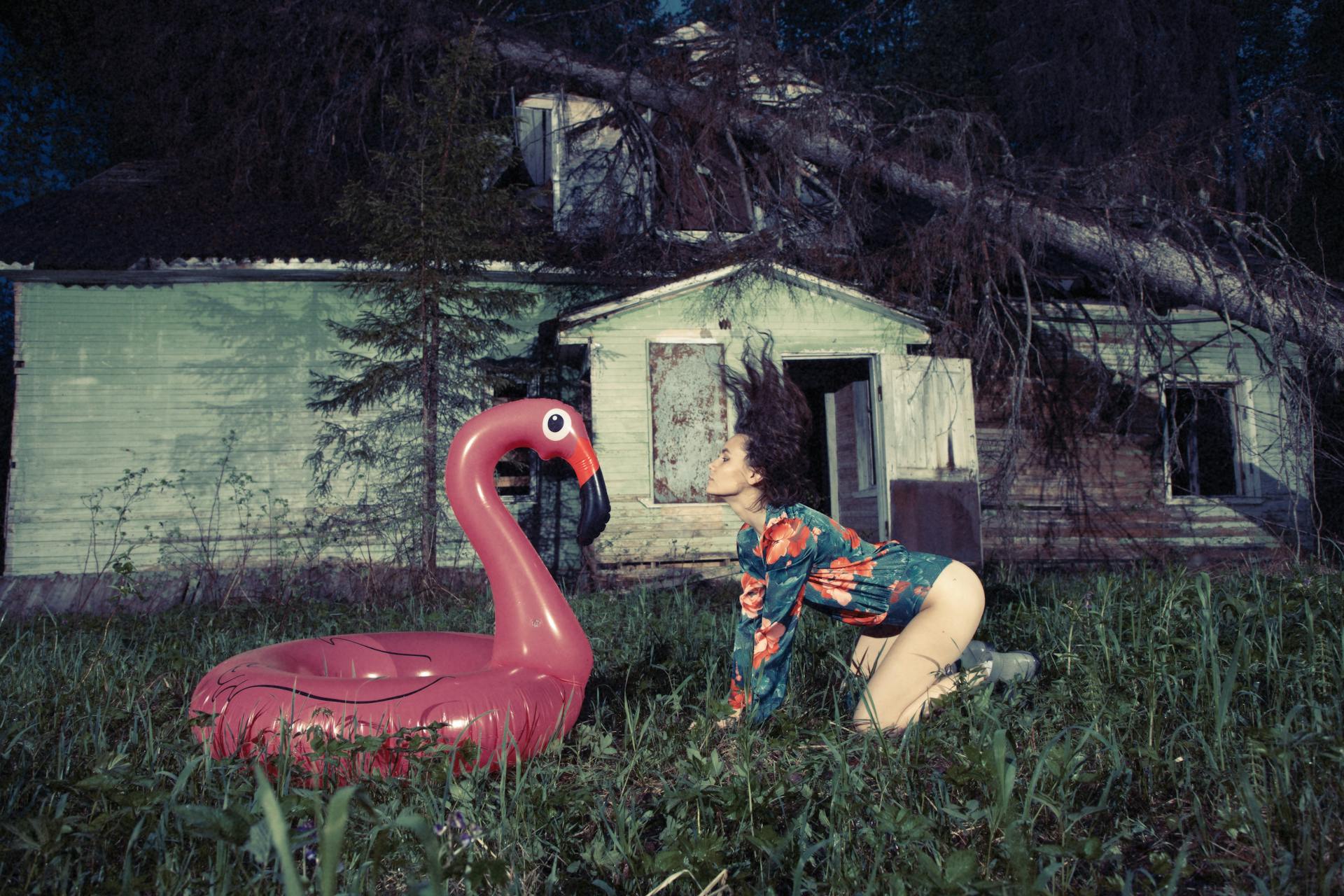 Photo of a Woman Facing Inflatable Flamingo and Abandoned House with Fallen Tree in Background