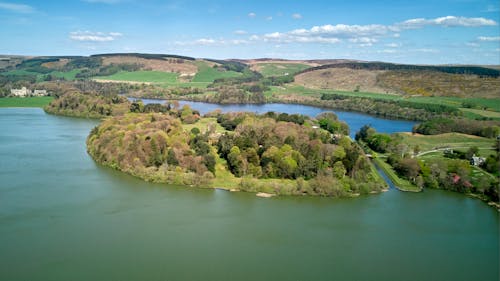 On a sunny day, an aerial picture of a lake with a green island