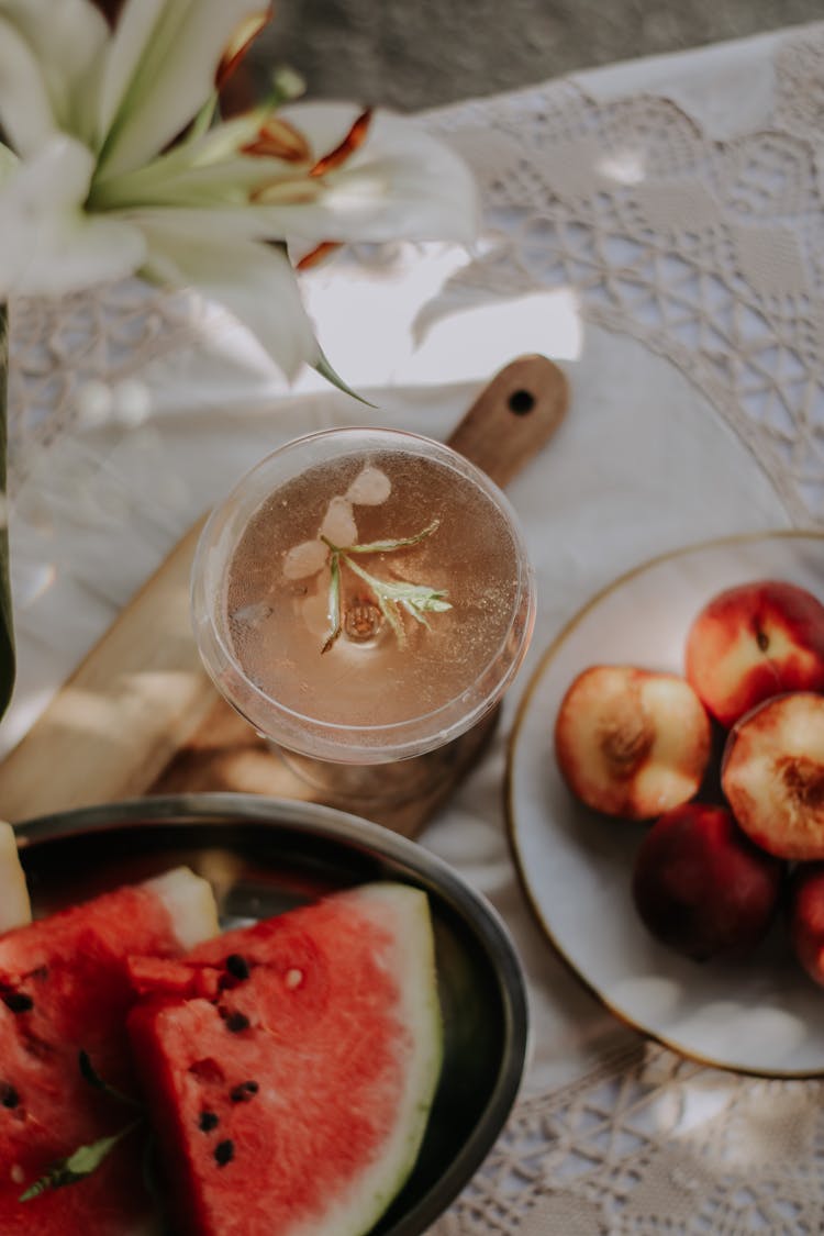 Summer Table With Watermelon And Peaches 