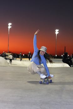 A joyful woman skateboarding at a park during a vibrant sunset, showing her skills and enthusiasm.