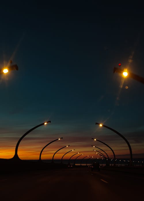 Free Street Lights on a Bridge at Dusk Stock Photo