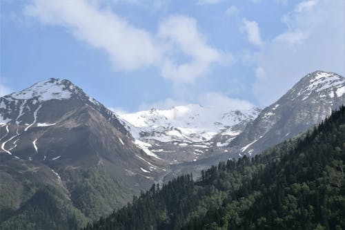 An Aerial Photography of a Snow Covered Mountain Under the Cloudy Sky