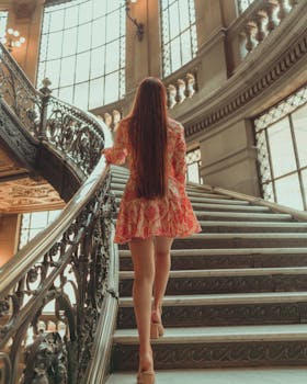 A woman in a red dress walks up a grand staircase indoors, showcasing elegance and architecture.