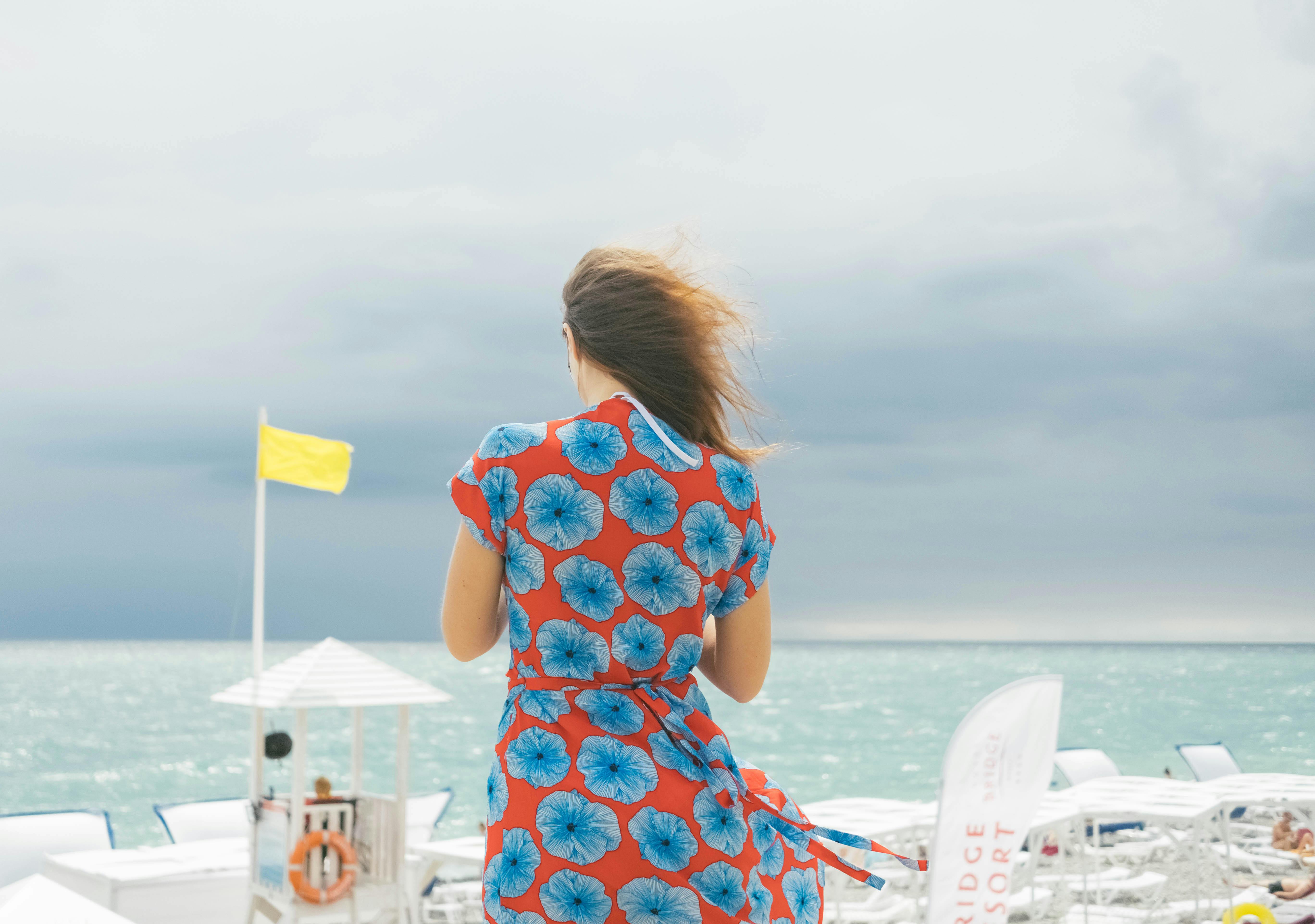 red and blue floral dress