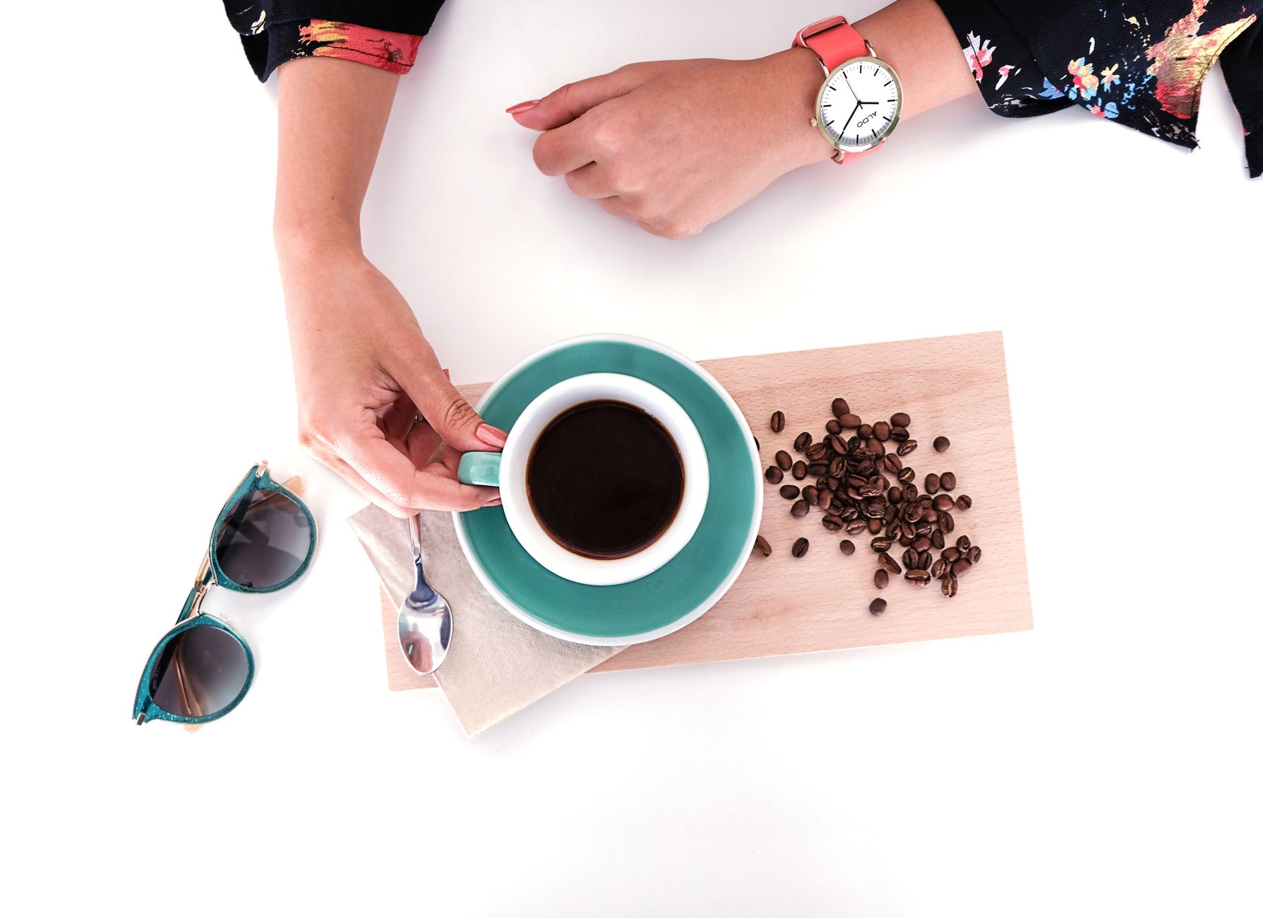 A flat lay image of coffee with beans, a watch, and sunglasses on a wooden board.. pexels, flat, image
