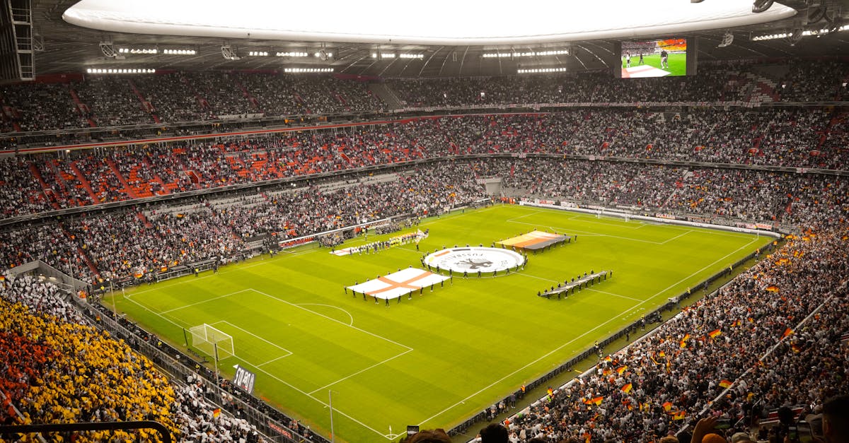 A packed stadium with fans watching a live soccer game, featuring vibrant crowd colors.