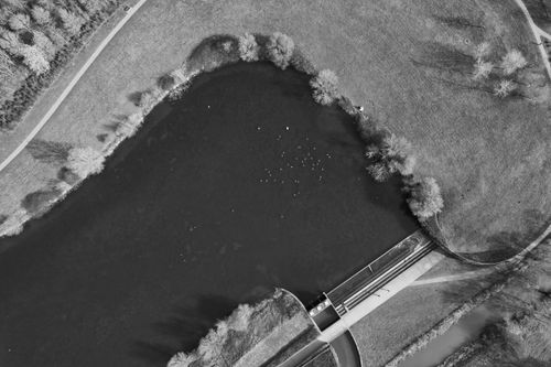 Free Monochrome aerial shot of a lake surrounded by parkland, showcasing a tranquil outdoor scene in England. Stock Photo