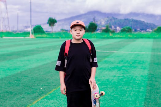 A young boy stands with a skateboard on a green field, enjoying the outdoors and ready for fun.