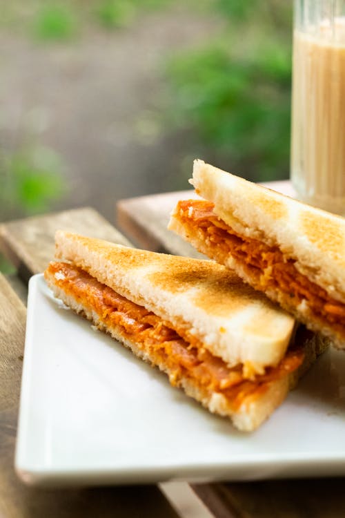 A Sliced Sandwiches on a Ceramic Plate