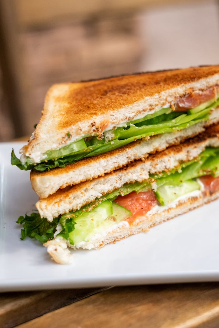 Cut Toast With Lettuce, Tomato And Cucumber