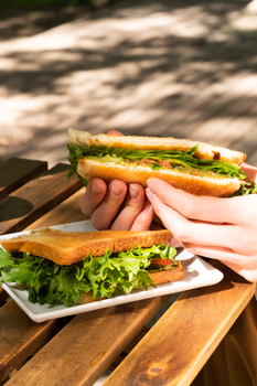 Close-up of hands holding a fresh sandwich on a wooden table outdoors.