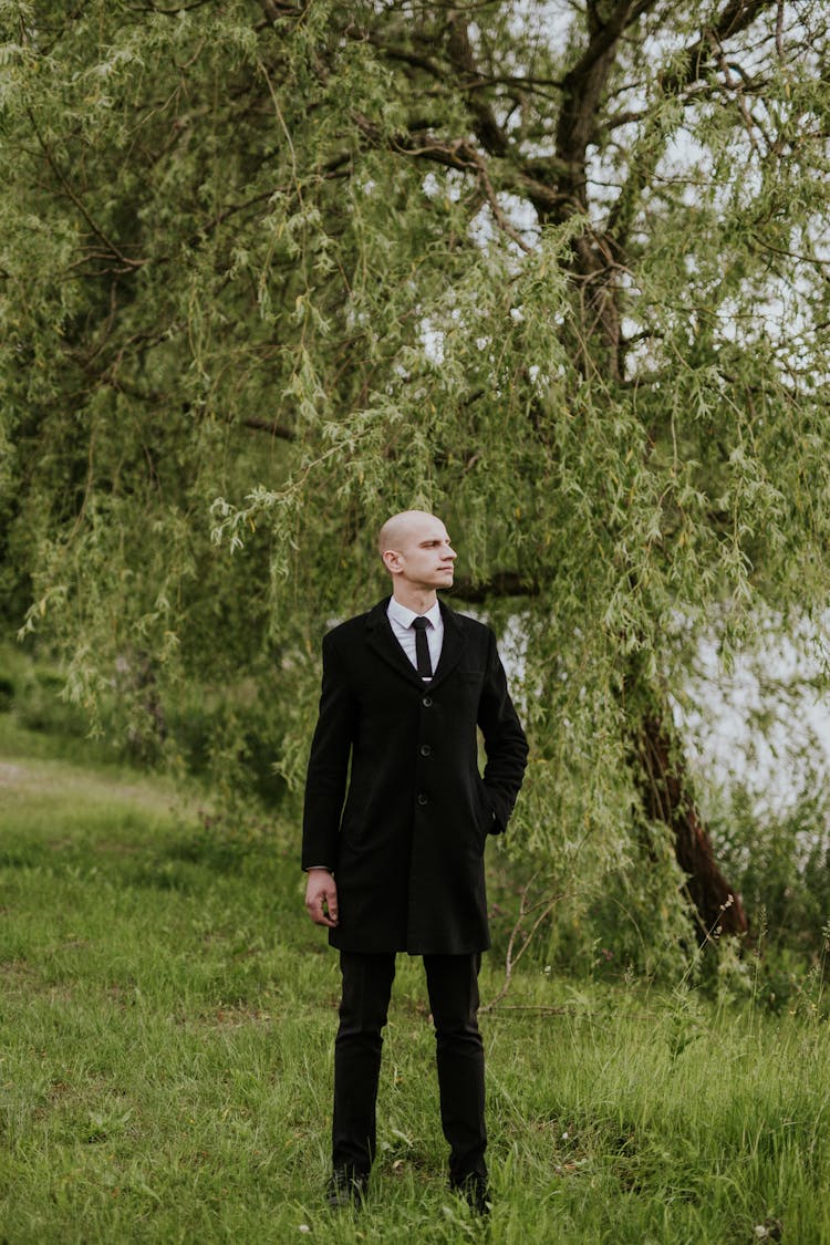 Man In Suit And Tie Standing In A Park