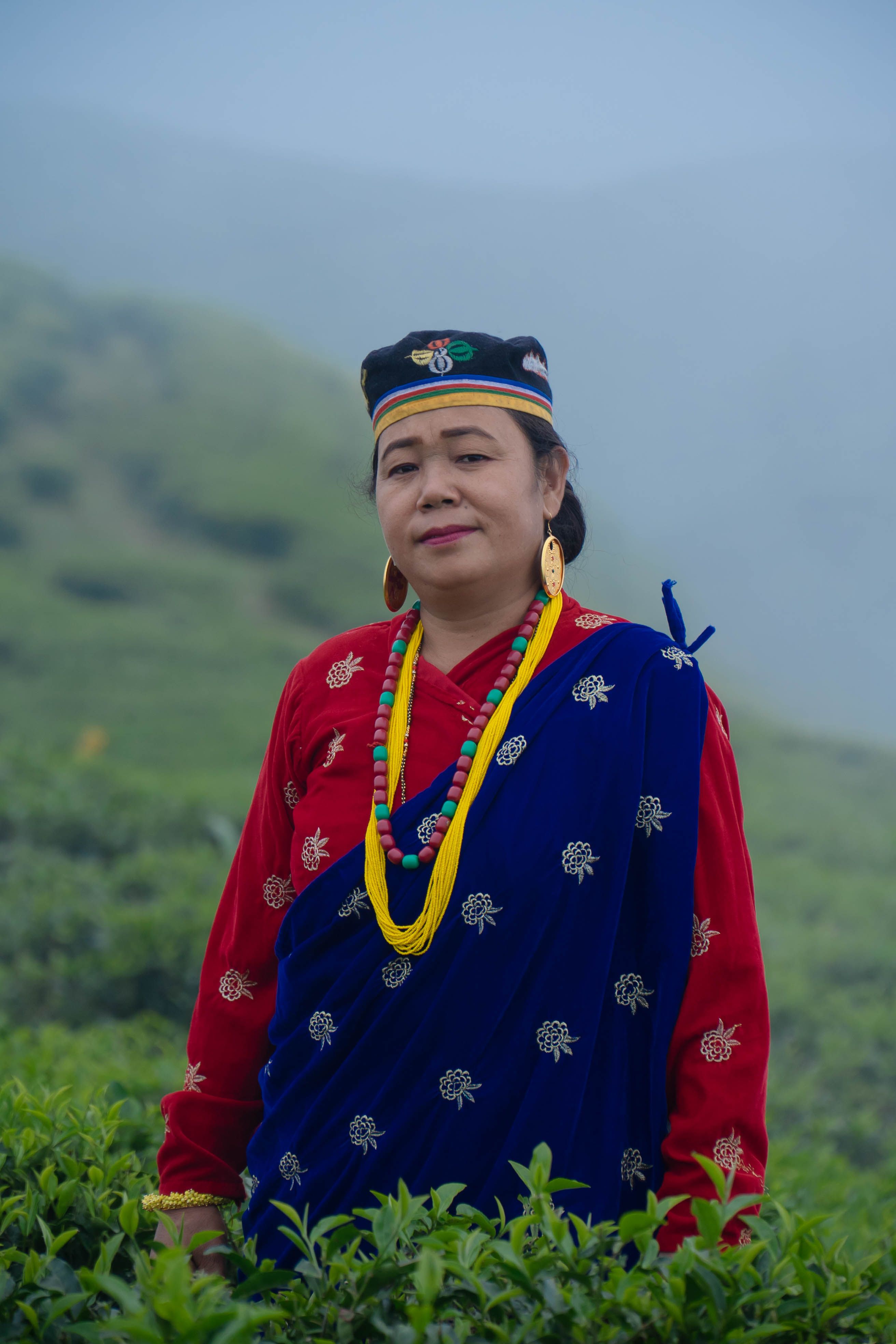 A woman in traditional dress standing among tea bushes