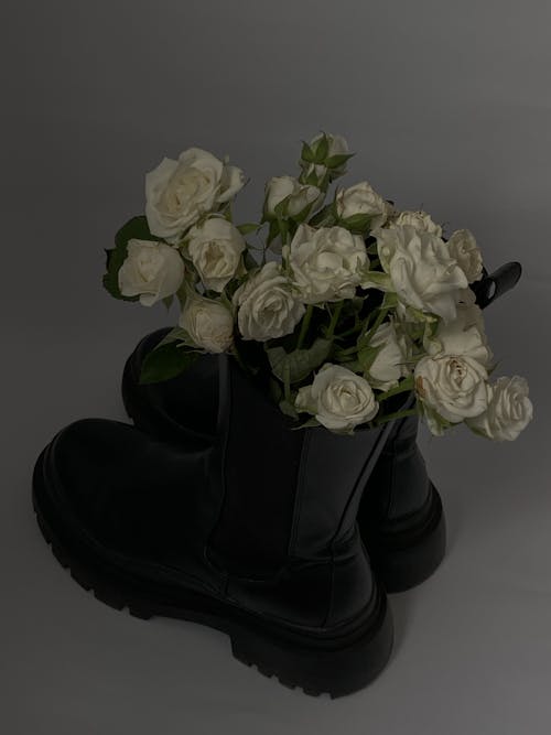 White Roses Bouquet in Black Boots
