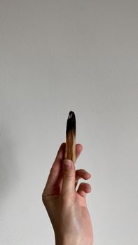 Minimalist photo of a hand holding a burnt Palo Santo stick, ideal for backgrounds.