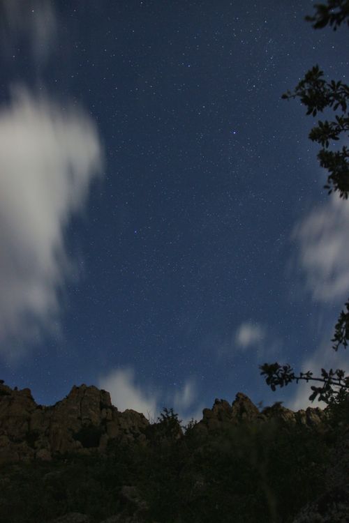 Free Serene starry night sky above a rocky landscape with scattered clouds in Ukraine, perfect for stargazing enthusiasts. Stock Photo