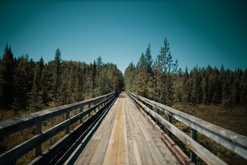 Fotobanka s bezplatnými fotkami na tému drevené zábradlie, drevený most, jasne modrá obloha