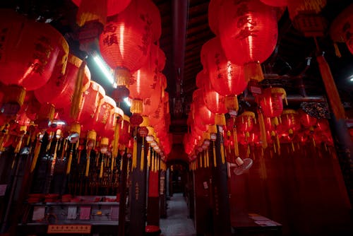Low Angle Shot of hanging Chinese Lanterns 