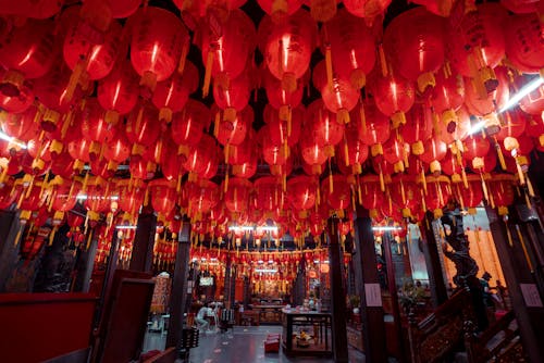 Hanging Red Paper Lanterns Near a Building
