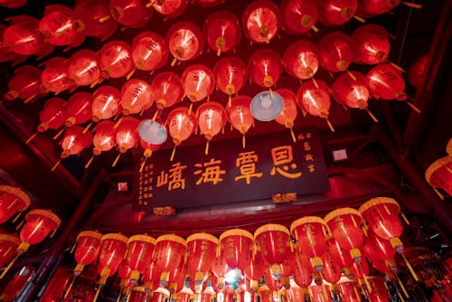 Free Red Paper Lanterns and Pendant Lamps Hanging From the Ceiling Stock Photo