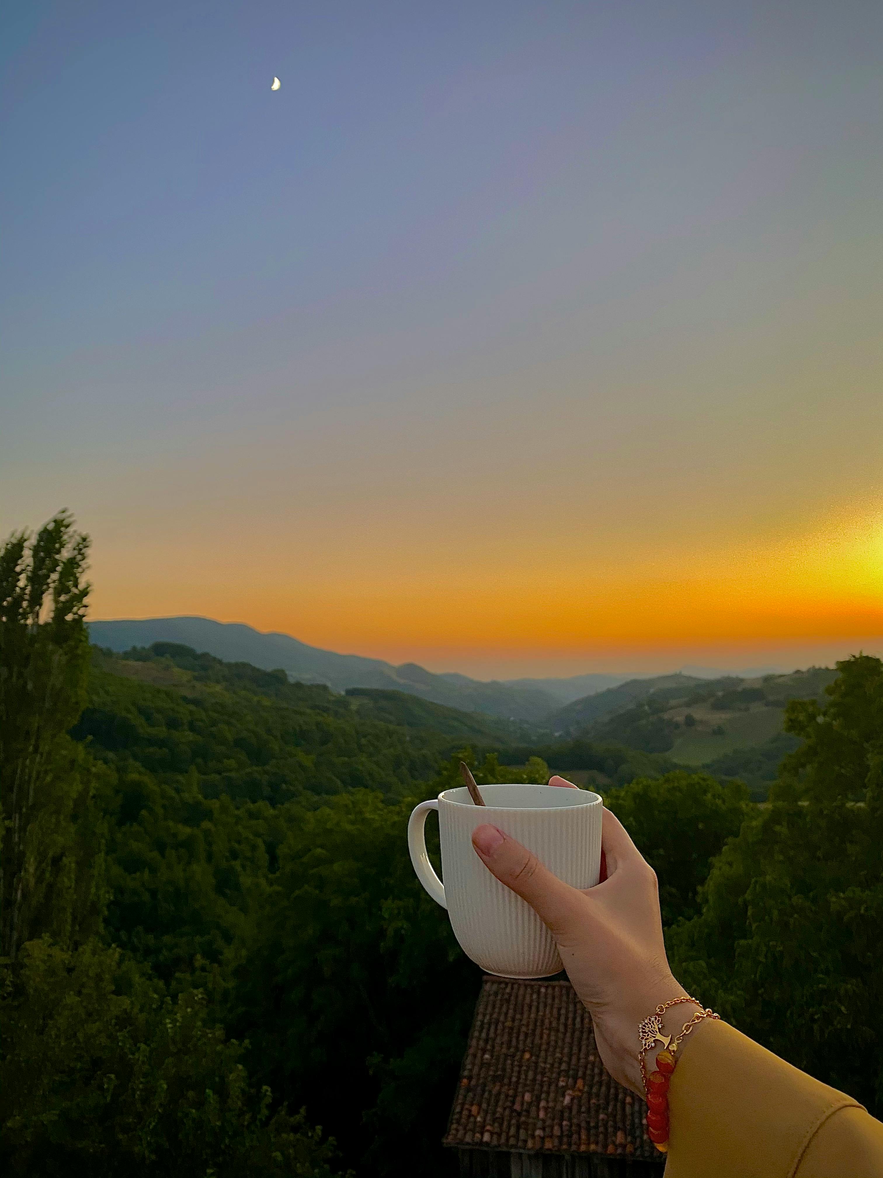 Hand holds a ceramic mug at sunset, overlooking a lush mountain landscape.