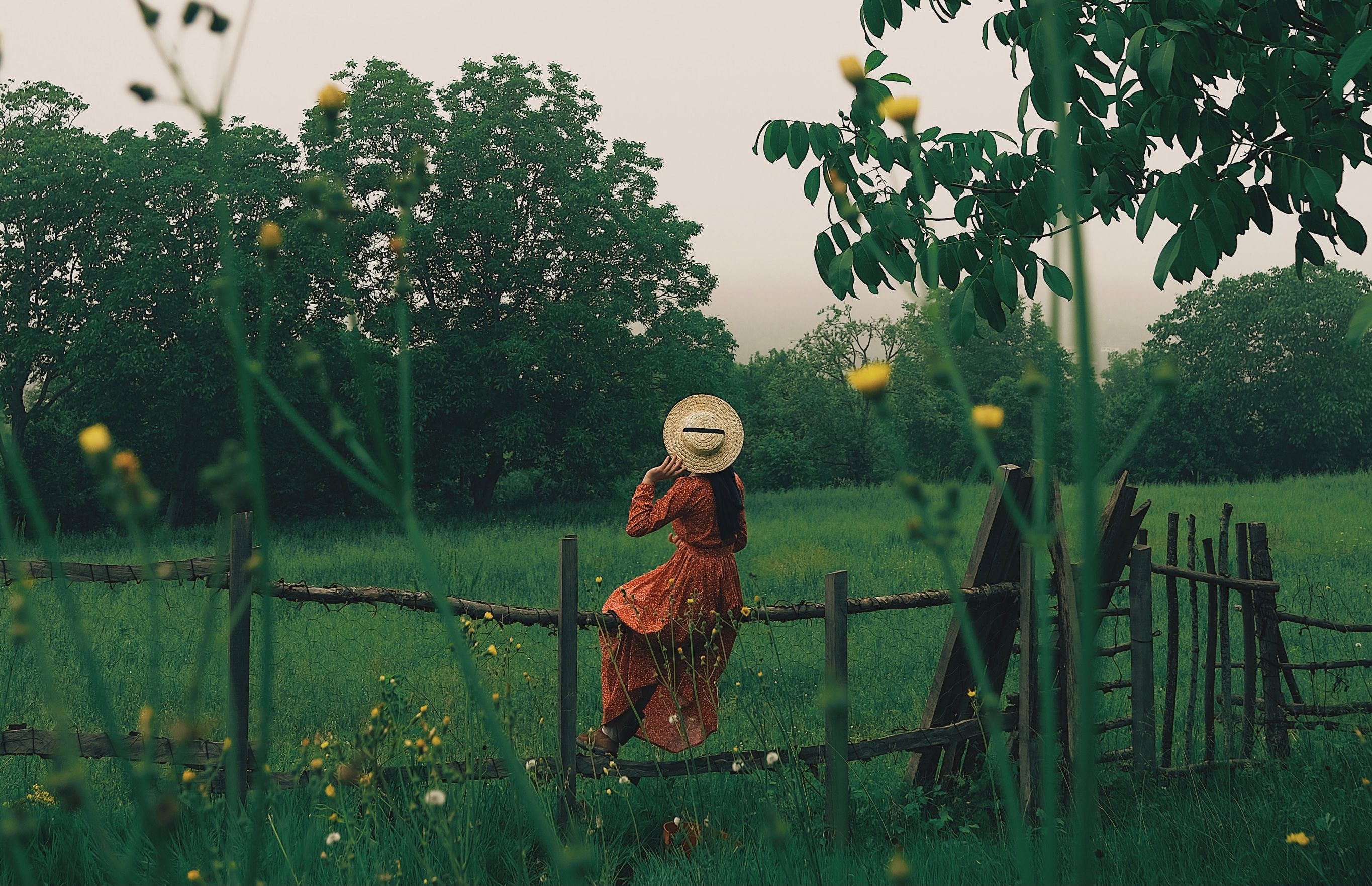 A woman in a straw hat sits on a wooden fence in a lush green field surrounded by trees.