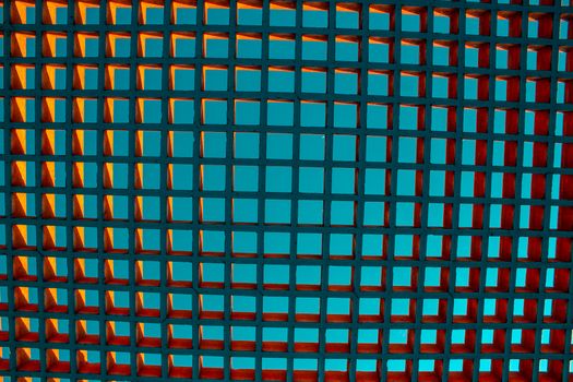 Dynamic abstract composition featuring iron grid structure with vivid colors, capturing architectural creativity.