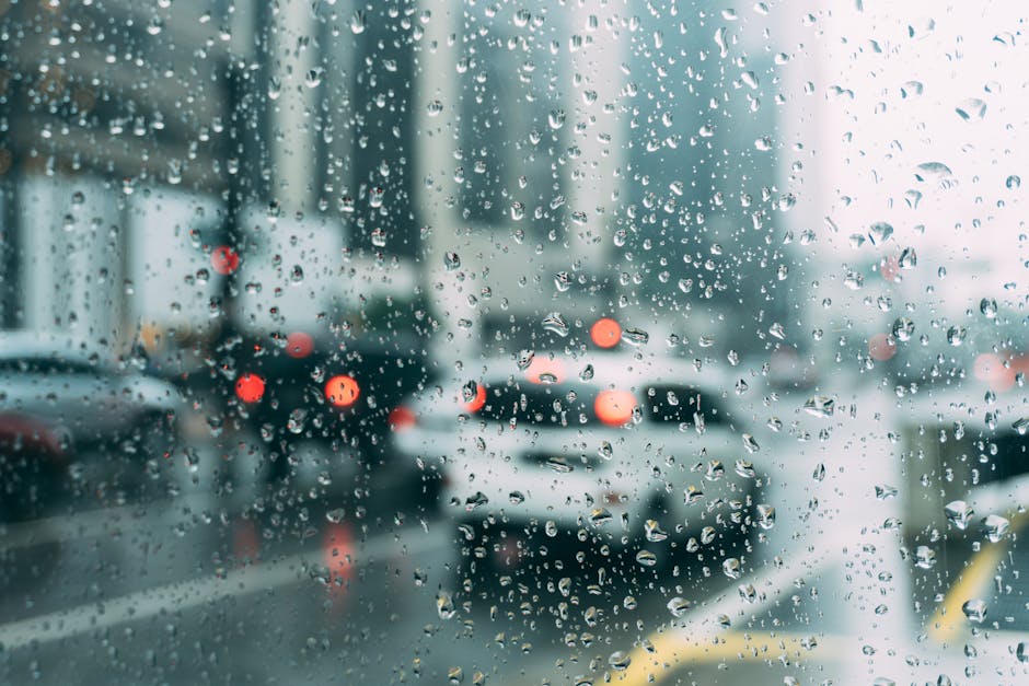 rainy car window on street