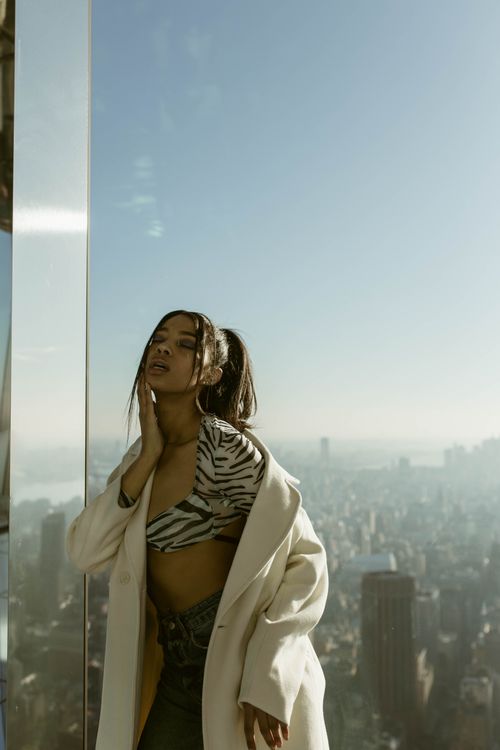 Free Fashionable woman posing in trendy attire against the New York City skyline. Stock Photo