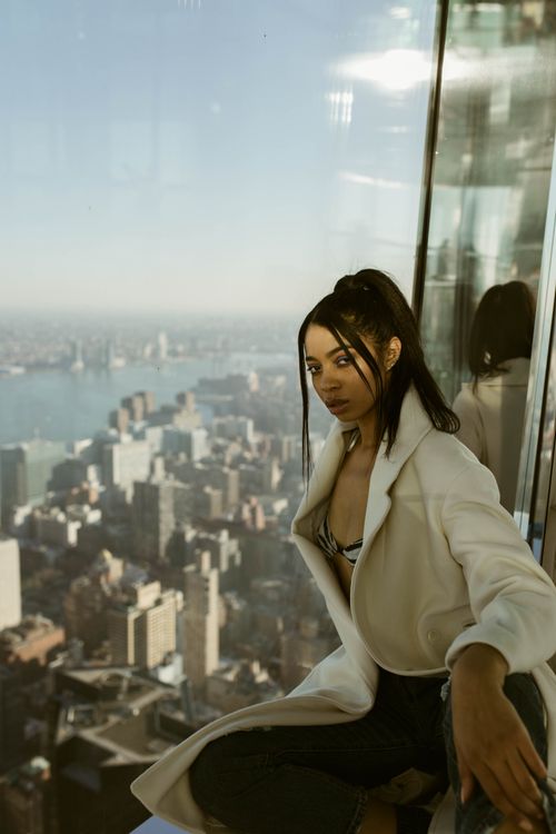 Free A woman poses elegantly with New York City's skyline as the backdrop. Stock Photo