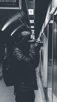 A man taking photos in an urban subway, captured in black and white.