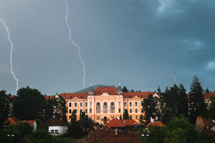 Lightning In The Sky Above The Márton Áron High School, Miercurea Ciuc, Romania