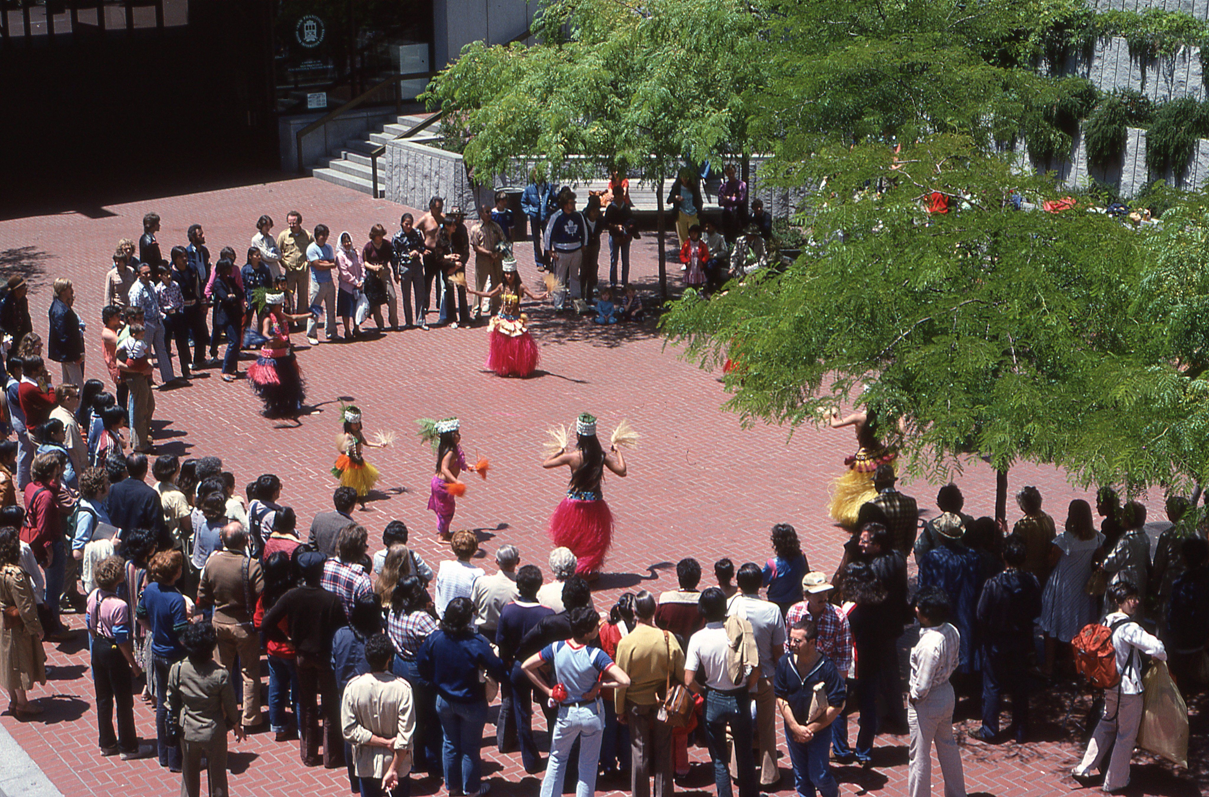 Hula dancers performing a traditional Hawaiian dance