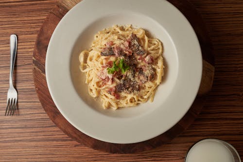 Overhead Shot of a Plate of Carbonara