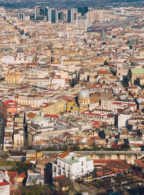 Explore the intricate cityscape of Naples, Italy, with this stunning aerial view showcasing its historic architecture.