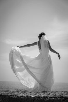Graceful back view of a bride in a flowing wedding dress and veil.