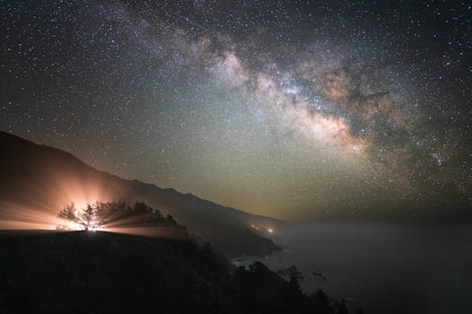 A breathtaking view of the Milky Way galaxy illuminating the California coastline at night.