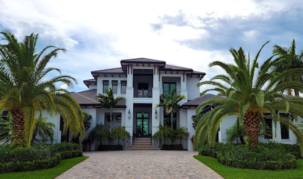 A stunning modern residential building with palm trees and clean architectural design.